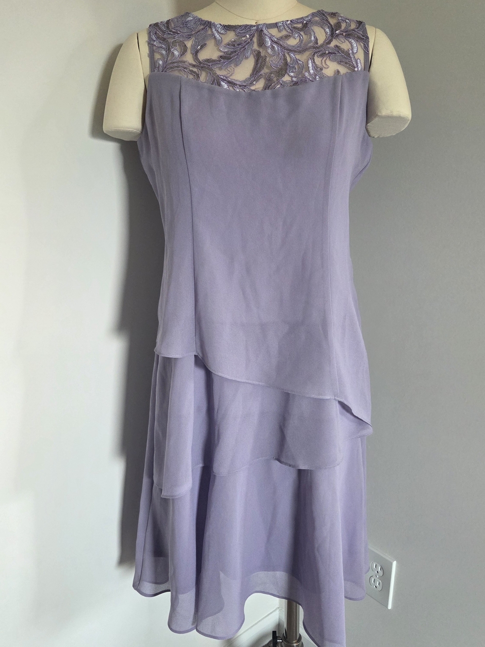 Size 12 Lavender Layered Chiffon Dress with Beaded Illusion Yoke